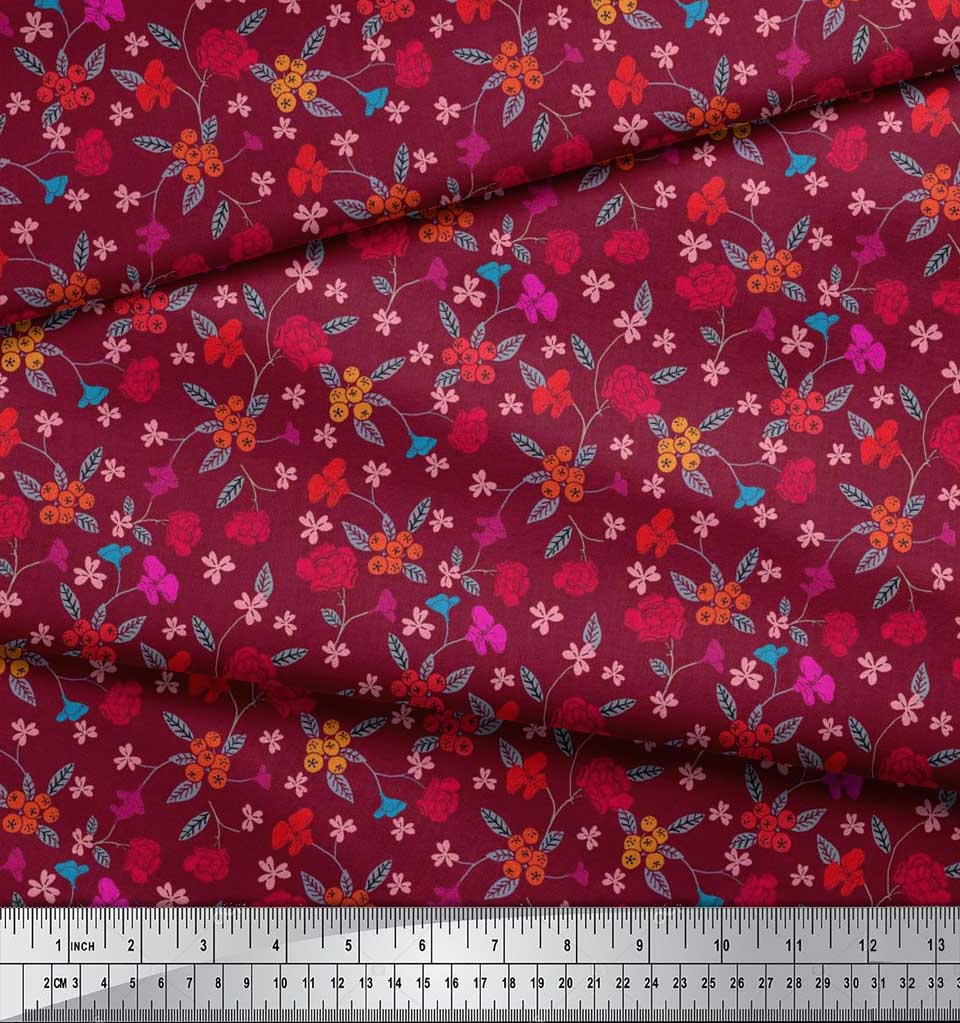 Soimoi Japonská krepová saténová látka Bobule, Listy a Květinový umělecký potisk Látka na metr 42 palců