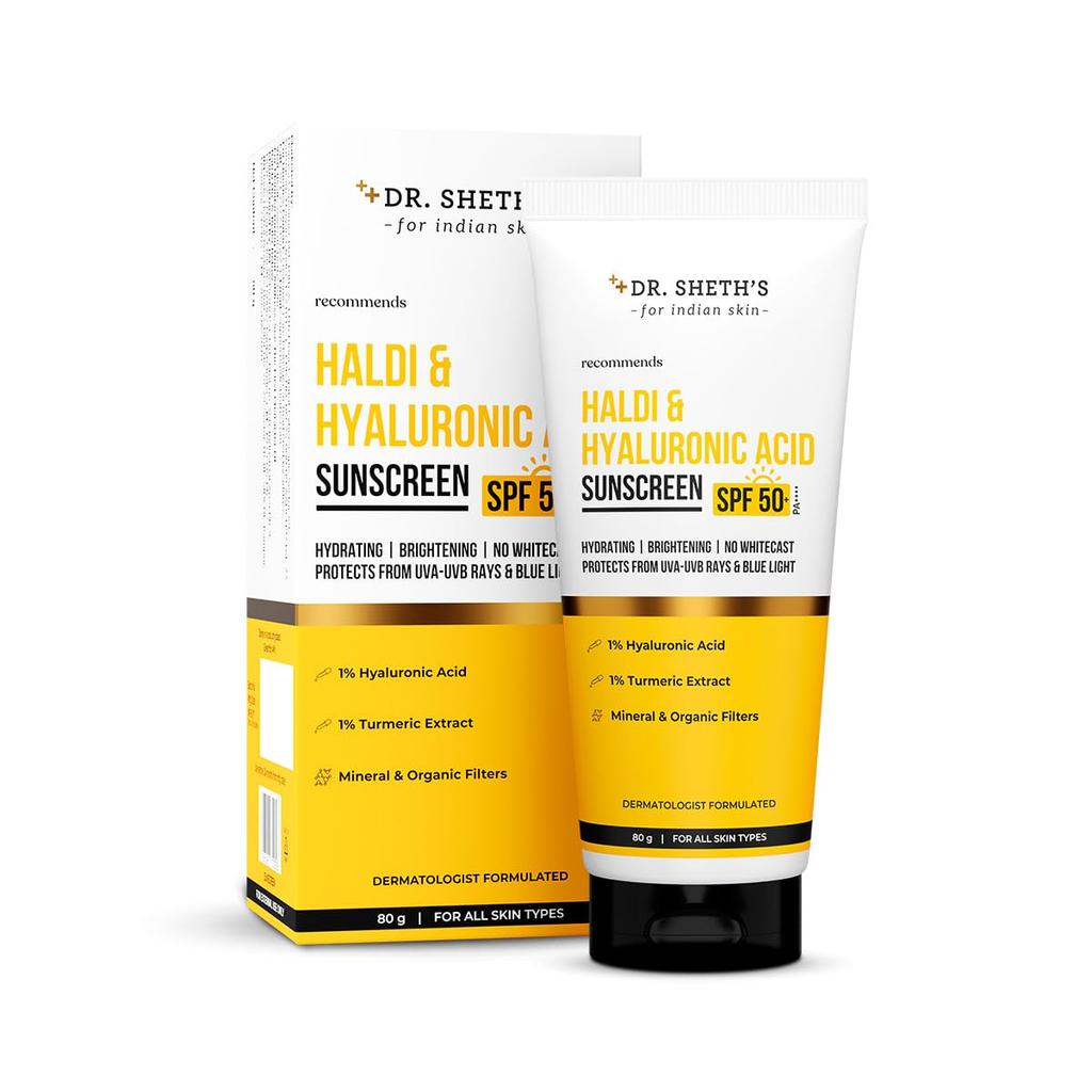 Dr. Sheth's Haldi & Hyaluronic Acid Sunscreen Spf 50+ Pa+++ | With 1% Hyaluronic Acid | Protects Against UVA/B & Blue Light | Hydrating & Brighteni