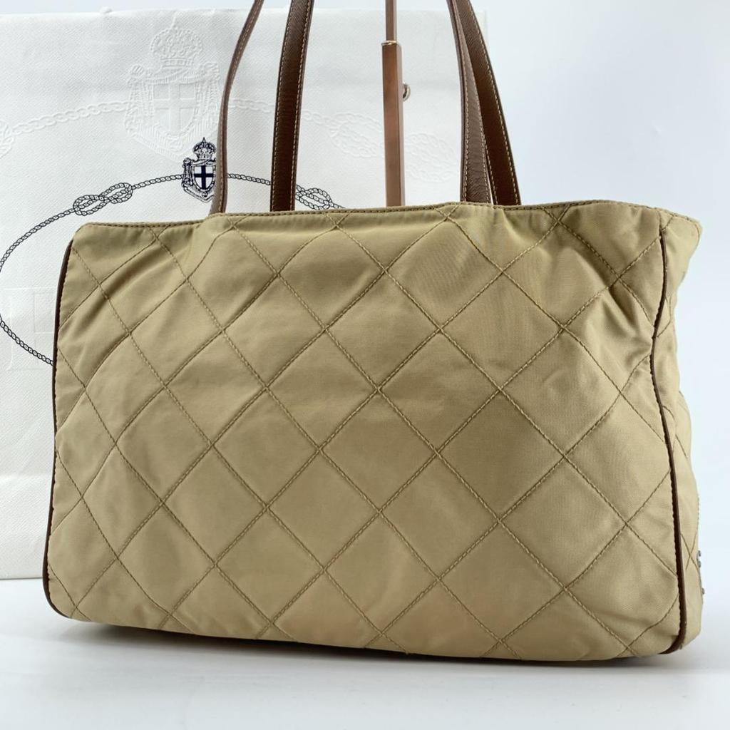 Prada Quilted Tessuto Nylon Tote Boston Bag Handbag One Shoulder Brown Beige Leather Triangle Logo Plate
