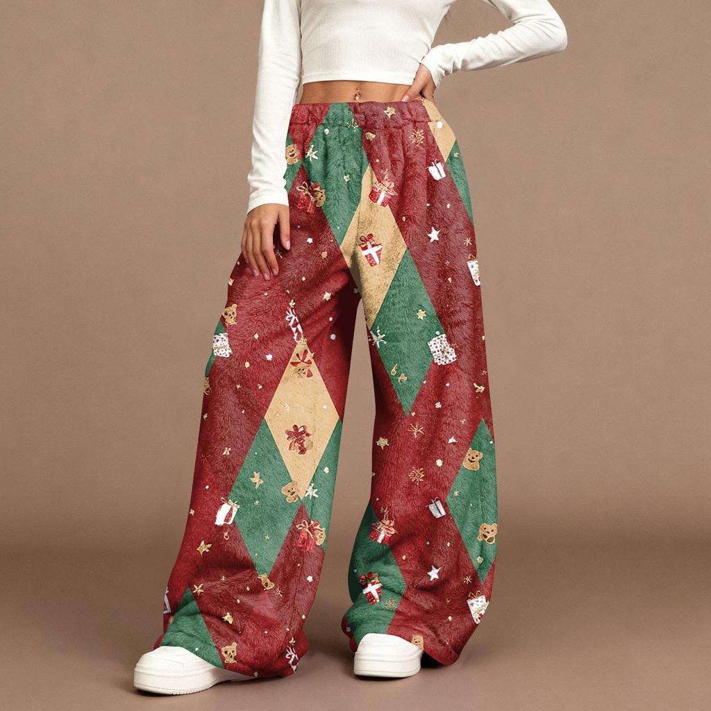 Women's Casual Fashion Christmas Print Elastic Waist Loose Plush Wide Leg Pants