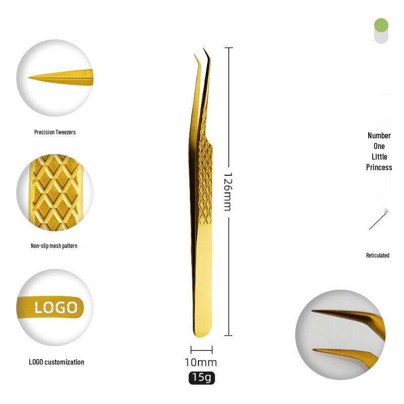 Golden Feather Stainless Steel Eyelash Tweezers for Grafting and Extensions