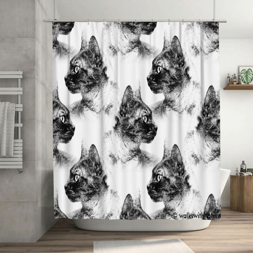 Black and White Cat Pattern Shower Curtain Decoration for Bathroom Waterproof Printing Home Decor