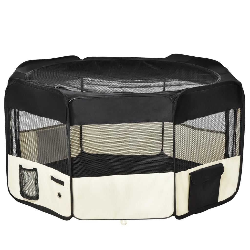 Puppy Playpen Foldable Mesh Cover Dog Playpen Breathable Mesh diameter 120 x 58H cm Black+Cream White