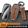 ALN1 Alloy Car Smart Remote Key Case Cover Protection Shell Keyring For Tesla Model 3 Model Y Model S X Leather Keychain Accessories