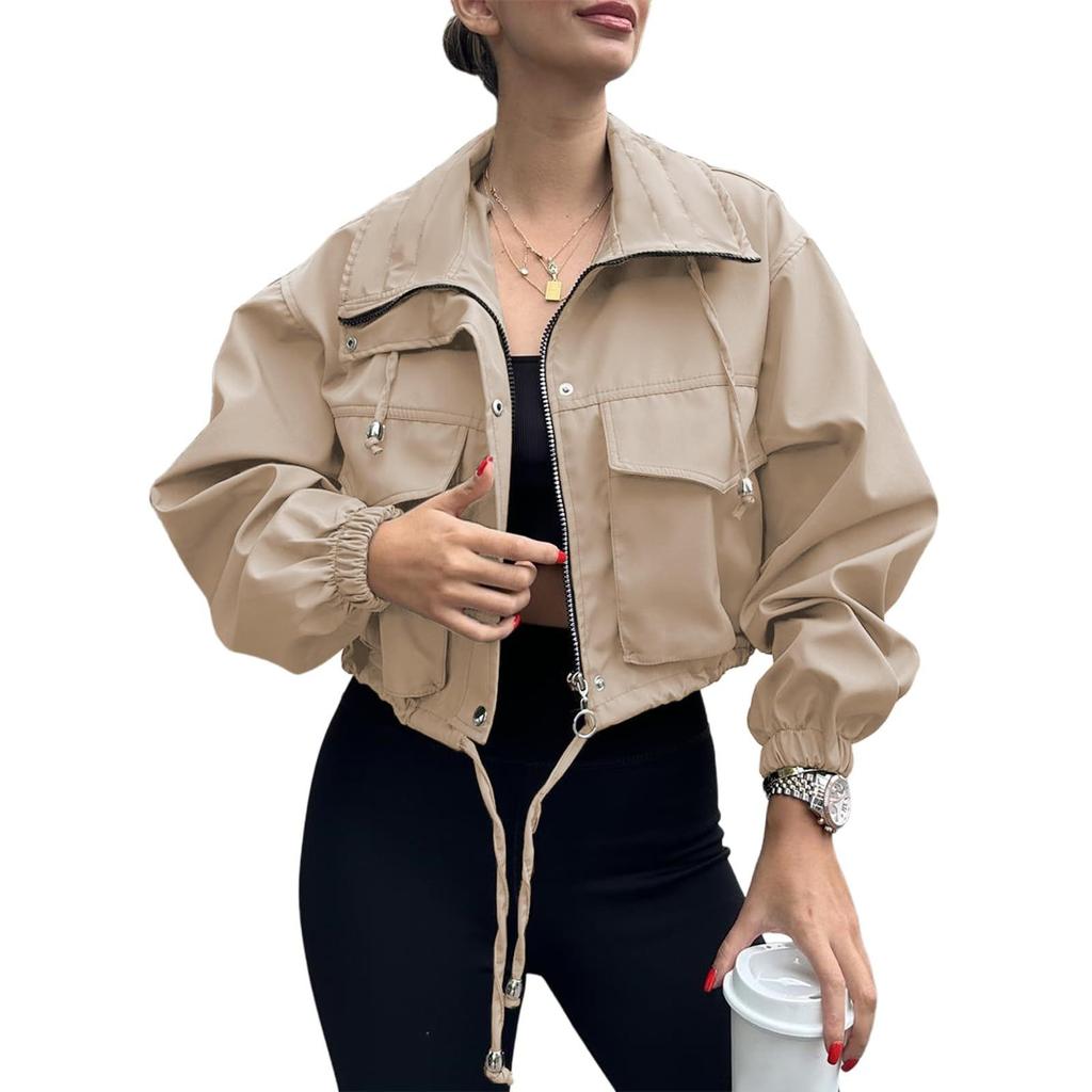 Women's Fashionable Solid Color Long Sleeved Pocket Short Jacket With Zipper Windbreaker Jacket