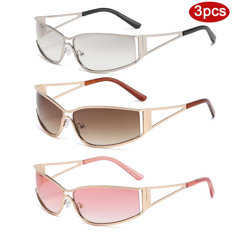 3pcs Fashion Women Punk Metal Frame Sunglasses Y2K Hollowed Out Future Sense Sun Glasses Travel Outdoor Unisex Eyewear UV400