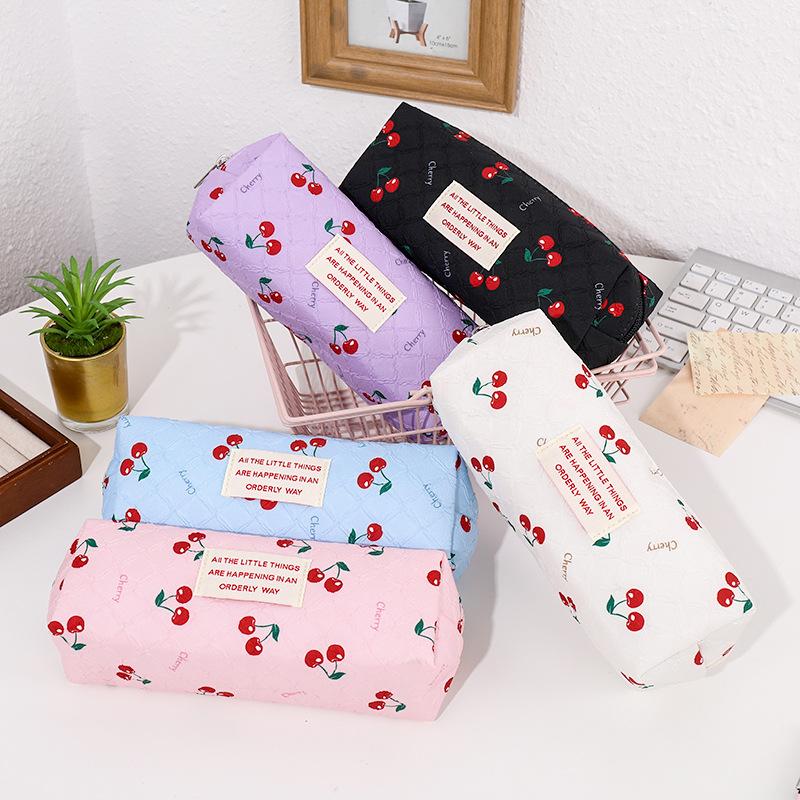 Red Cherry Cute Portable Student Pencil Case Stationery Bag High-value Large-capacity Zipper Storage Bag