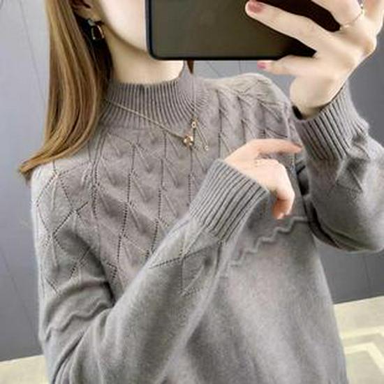 Women's High Neck Sweater Top - 2024 Autumn/Winter Collection, Loose Fit, Knitted Base Layer.