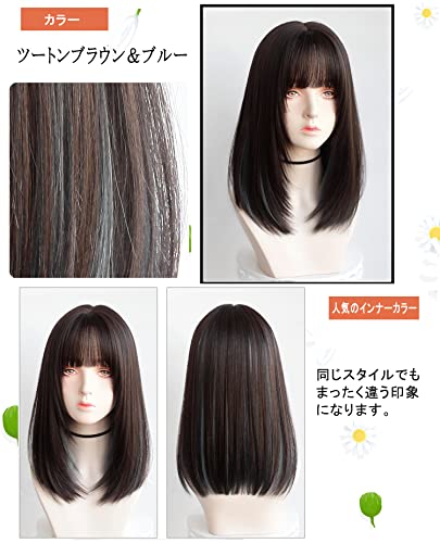 Limakara Wig, Medium Straight, Inner Color, Natural-Looking Wig, Full Wig, Semi-Long, Layered, Women's Wig with Net (Brown or Blue)