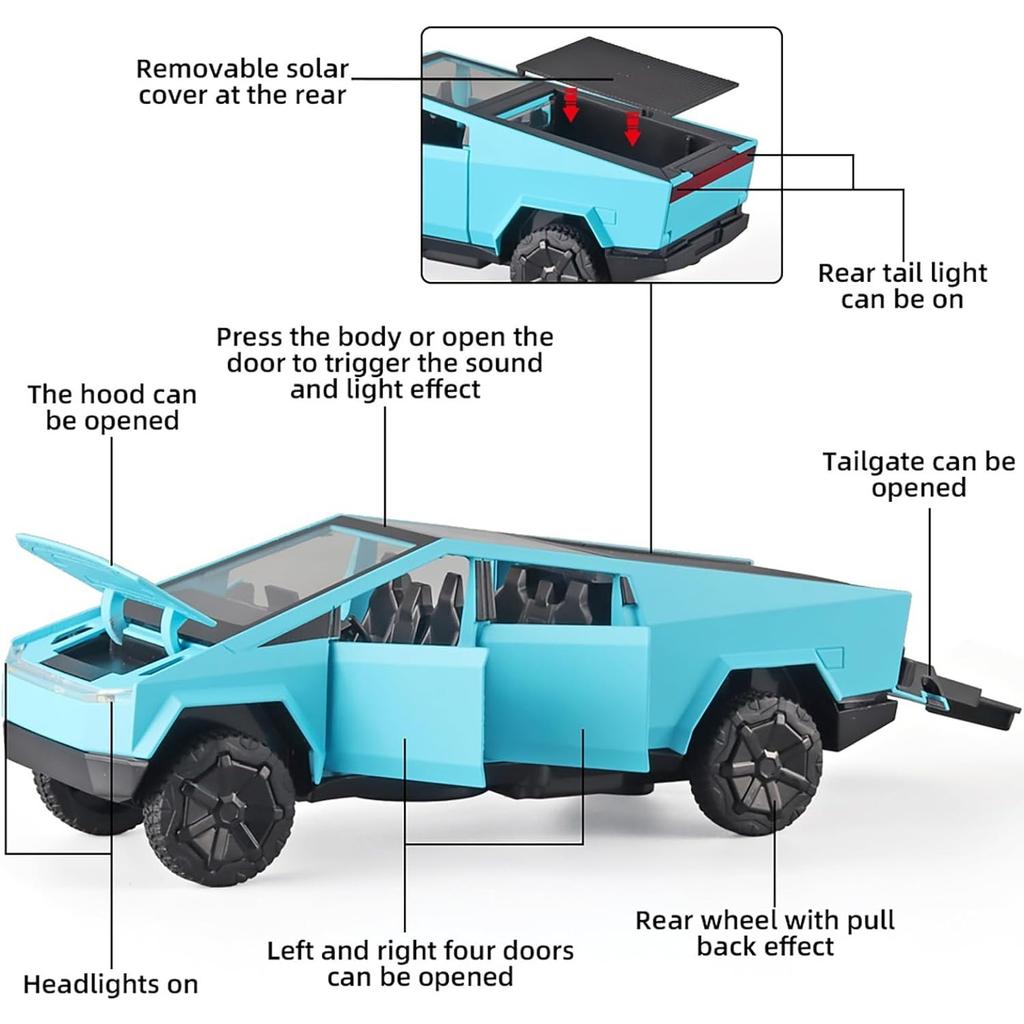 1/32 Tesla Diecast Mars Pickup-Automodell, Spielzeugauto aus Zinklegierung mit Ton und Licht, Spielzeugauto mit Rückziehfunktion für Kinder ab 3 Jahren