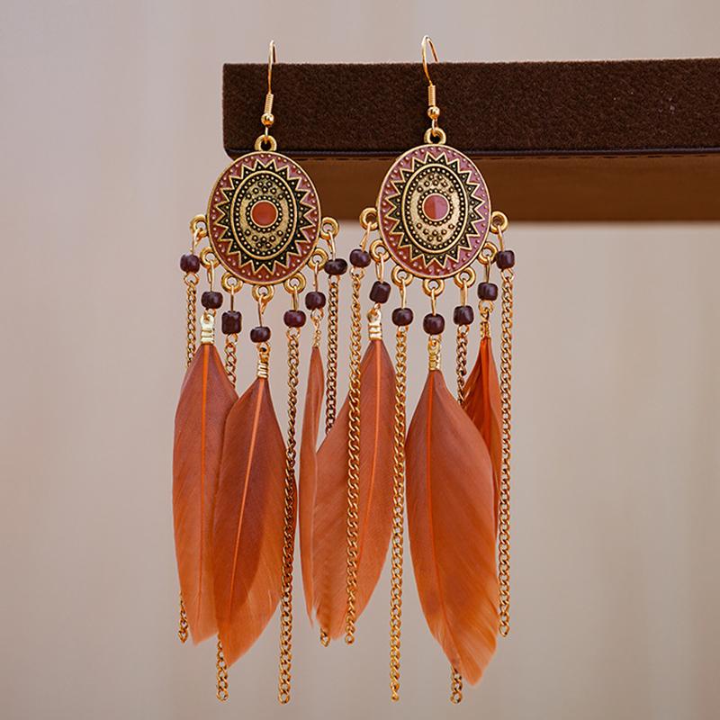 Ethnische Vintage Lange Temperament Federohrringe für Damen Elegante Geometrische Perlenkette Quaste Ohrring Boho Damen Schmuck