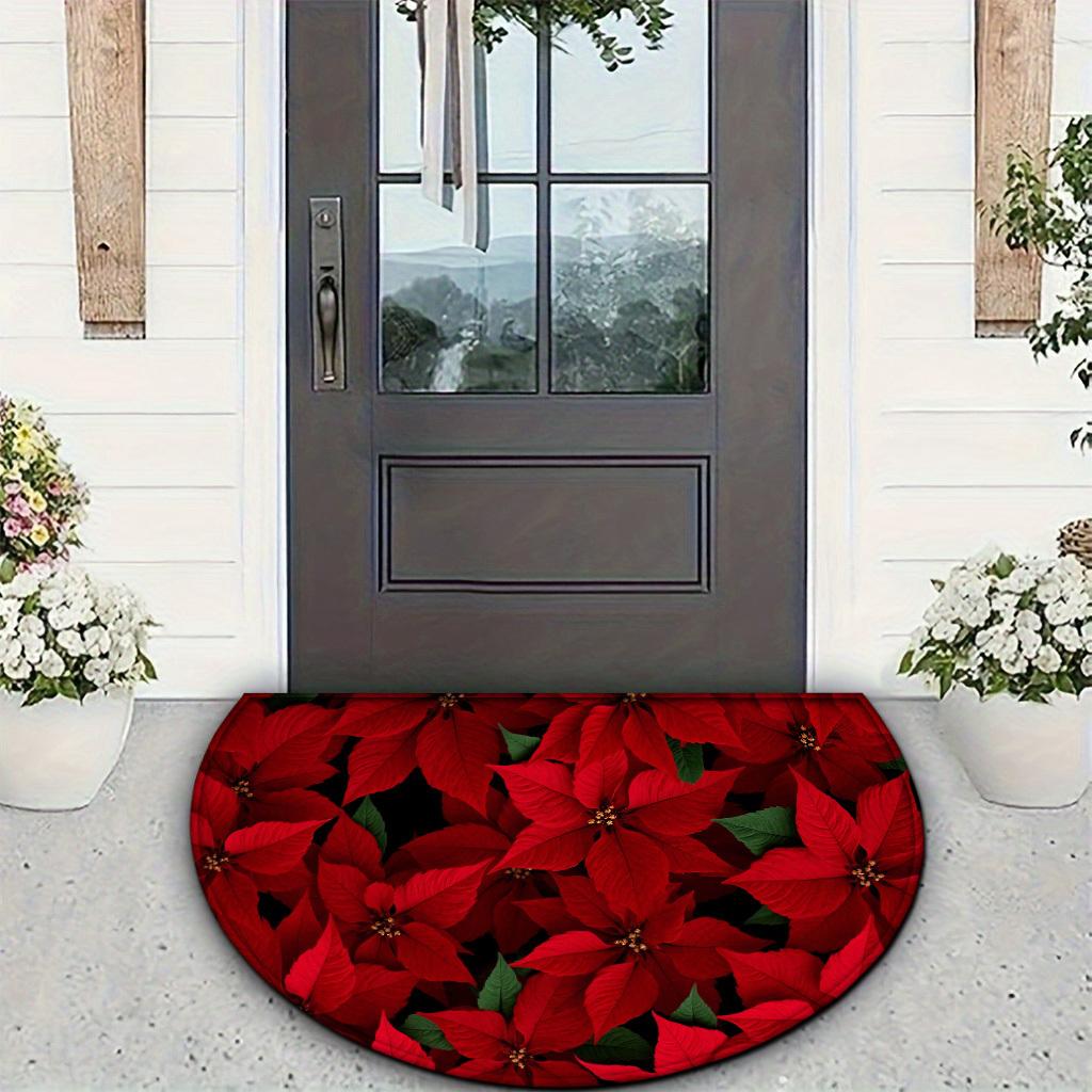 1Pcs Red Poinsettia Semi Circle Welcome Doormat Non-Slip for Outdoor Patio Porch Kitchen Bathroom Entryway Floor Mat