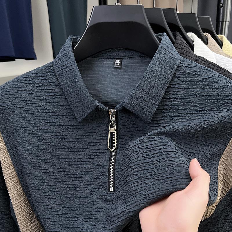 T-Shirt Men'S Lapel Short-Sleeved Polo Shirt Casual Zipper Medium And Green Loose Top