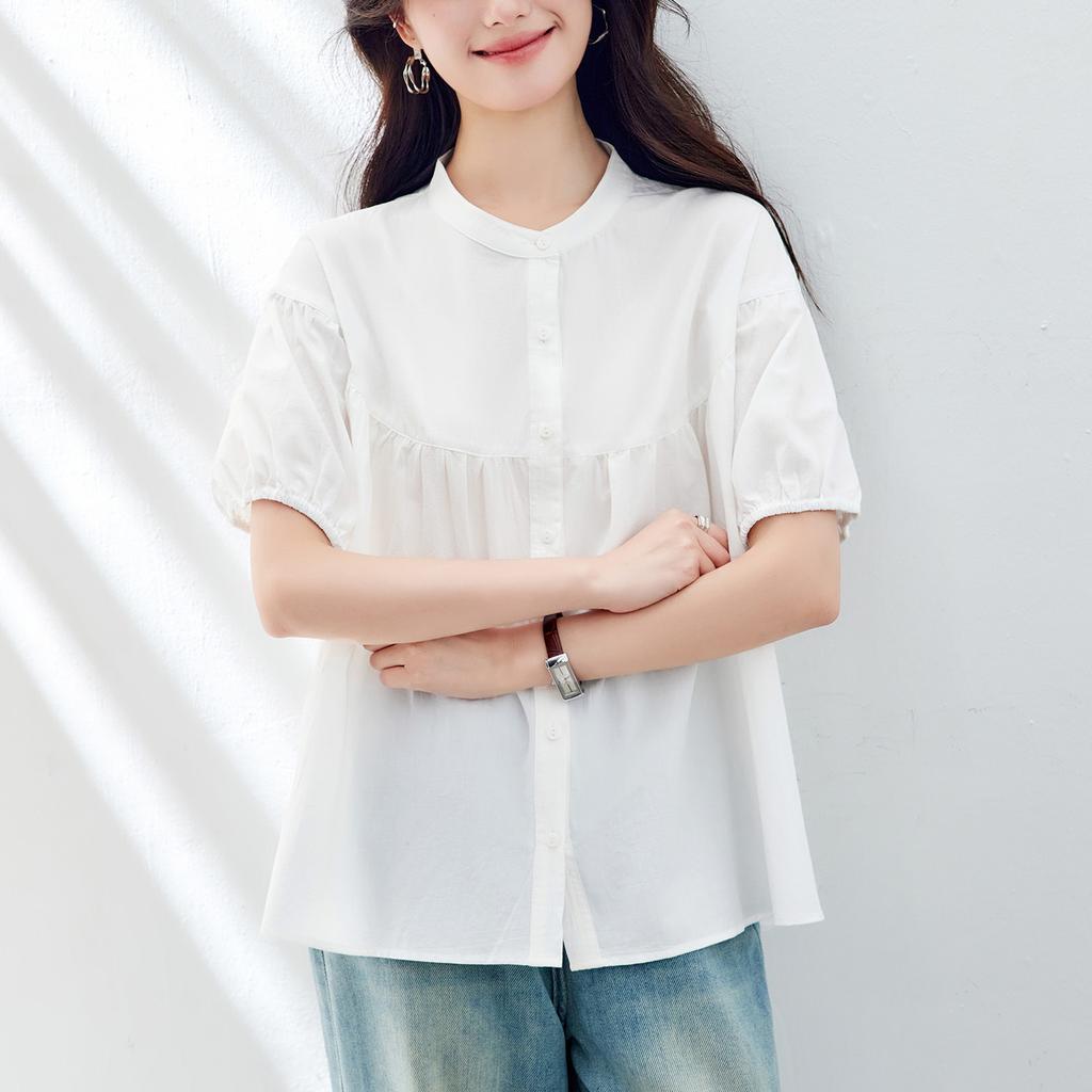 Summer New Solid Color Pleated Short-sleeved Doll Shirt Women's Foreign Style Loose and Thin Shirt Short-sleeved Top Women's