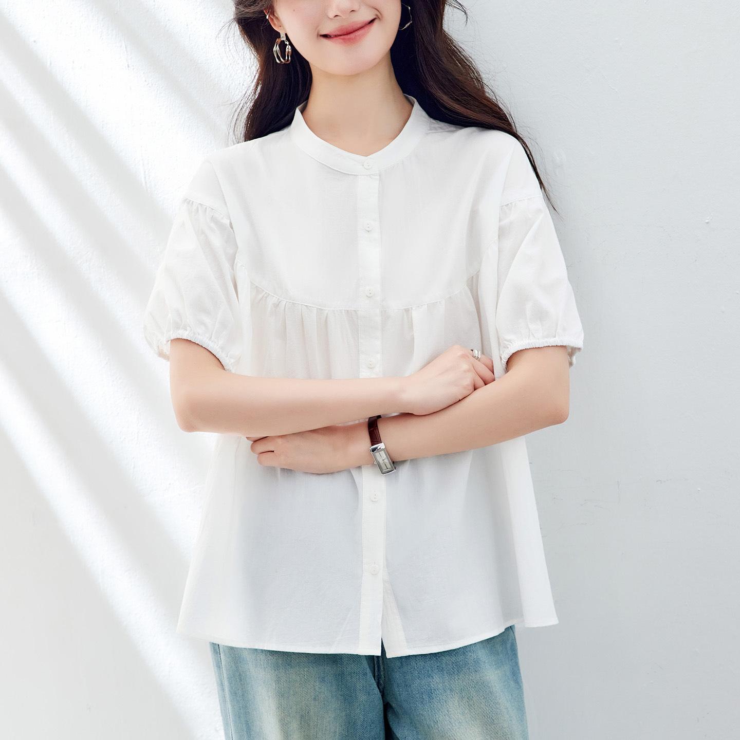 

Летняя новая однотонная плиссированная кукольная рубашка с коротким рукавом, женская, в зарубежном стиле, свободная и тонкая рубашка, топ с коротким рукавом, женская M белый