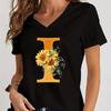 Women’s V-neck Graphic Shirts Orange A-Z Alphabet Sunflowers Short Sleeves  Harajuku Fashion Girl Casual Y2k Trend Tshirts Top