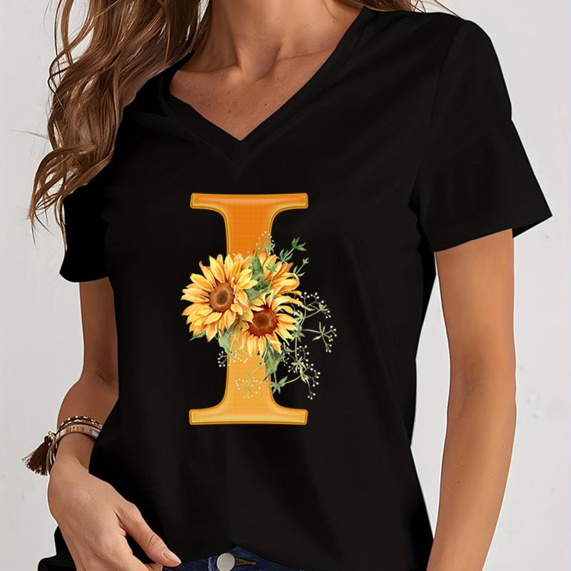 Women’s V-neck Graphic Shirts Orange A-Z Alphabet Sunflowers Short Sleeves Harajuku Fashion Girl Casual Y2k Trend Tshirts Top