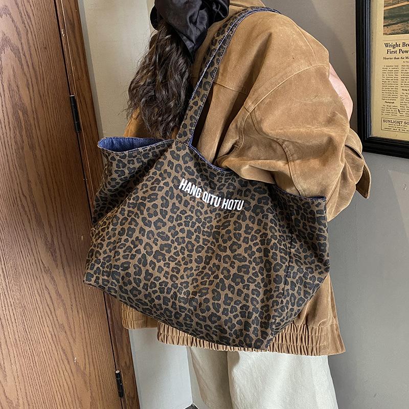 Korean Double-sided Leopard Print Canvas Bag Women's New Denim Casual Lazy Style Shoulder Bag Large-capacity Commuter Tote Bag