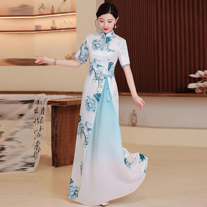 2025 Retro Chinese National Style Ao Dai Print Cheongsam Dress: Short Sleeve, Long Design for Women