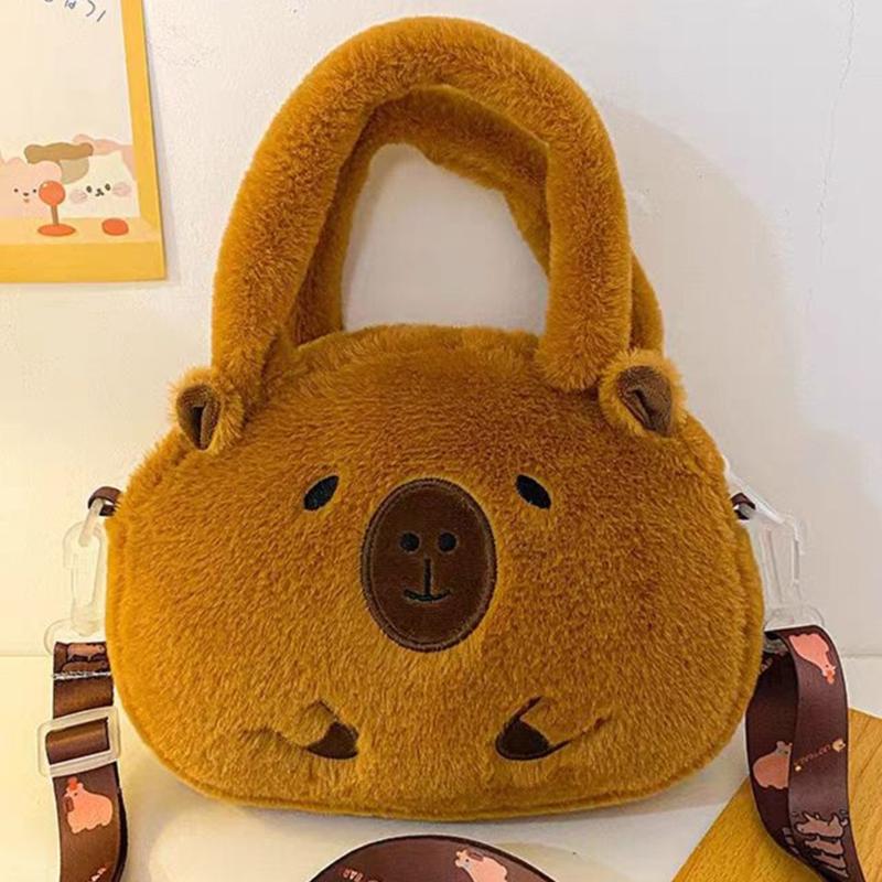 Cartoon Plush Capybara Animal Backpack for Teens Multiple Pockets Student School Bag Zippered Crossbody Shoulder Bag