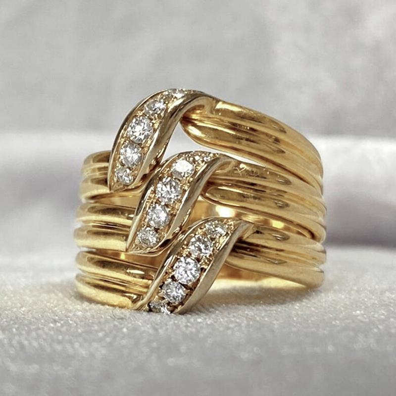 Gorgeous Women Wedding Rings Gold Color Wide Band Statement Female Finger-rings for Party Luxury Cubic Zirconia Jewelry