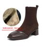 Krazing Pot Cow Skin Winter Square Toe Chelsea Boots Med Heels Zipper Women Flock Patch Work Ankle Boots