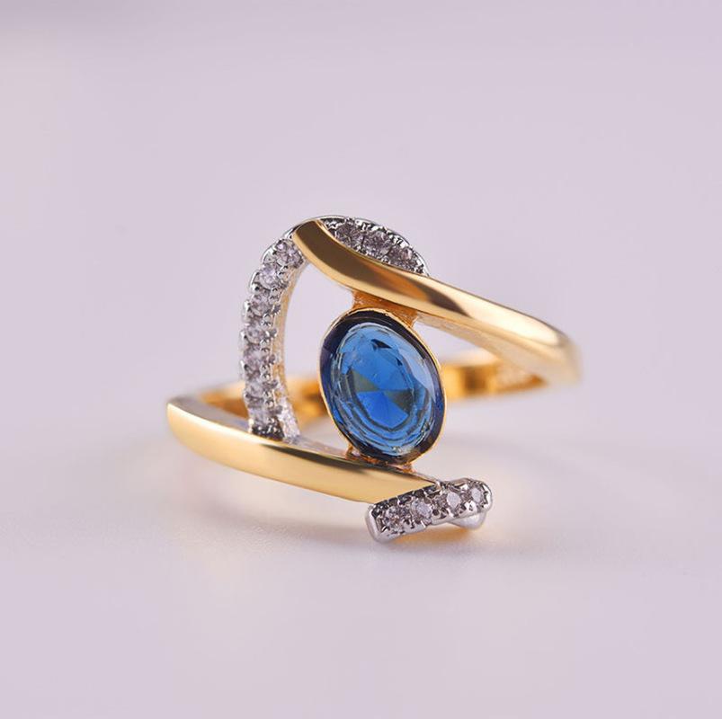 Creative Fashion Blue Stone Wedding Ring for Women Exquisite Gold Color Inlaid White Zircon Stones Engagement Ring Jewelry