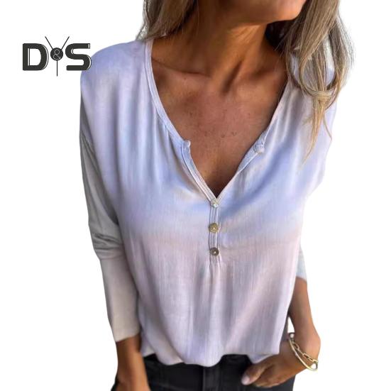 

Женские топы с V-образным вырезом, пуговицами, полузастежкой, длинным рукавом, свободная футболка, однотонная эластичная повседневная блузка, повседневная одежда XXXL светло-серый