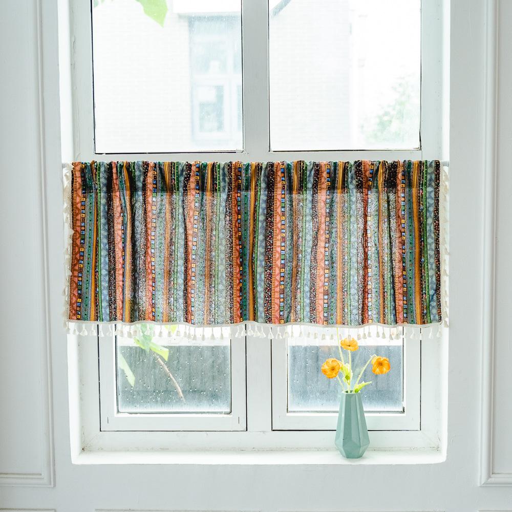 American Cotton And Linen Printed Curtains Finished Non-Punching Rural Kitchen Hanging Curtains Colored Fringed Coffee Short Curtains