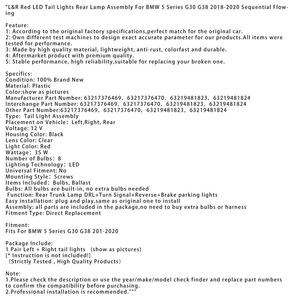 L&R Red LED Tail Lights Rear Lamp Assembly For BMW 5 Series G30 G38 2018-2020