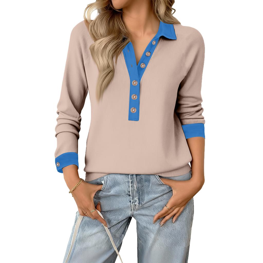 Women's Retro Street Lazy Denim Collar Long Sleeve Pullover Patchwork Knit Top