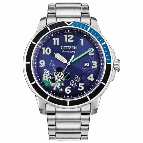 

Citizen Eco-Drive Disney Men s Watch in Stainless Steel with Leather Strap, Mickey Mouse, Silver Tone, Strap