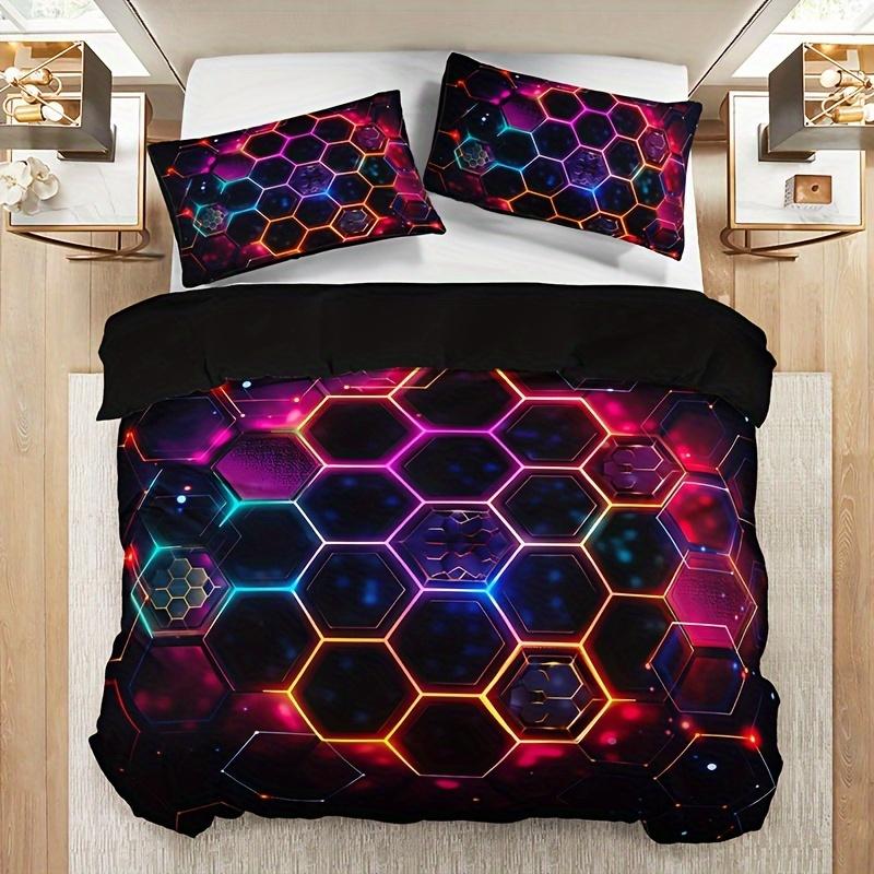 3-Piece Soft with Soft Fabric Duvet Cover Set Breathable Al-Season Honeycomb Hexagon Machine Washable High Definition Digital Print Beding Set