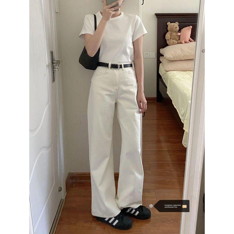 

Plus Size White Straight-Cut Denim Women s Summer 2025 New Arrival High Waist Loose Wide Legs Mop Pants Pants Fashion White XL [Suggested 60.00 kg-67.50 kg]]