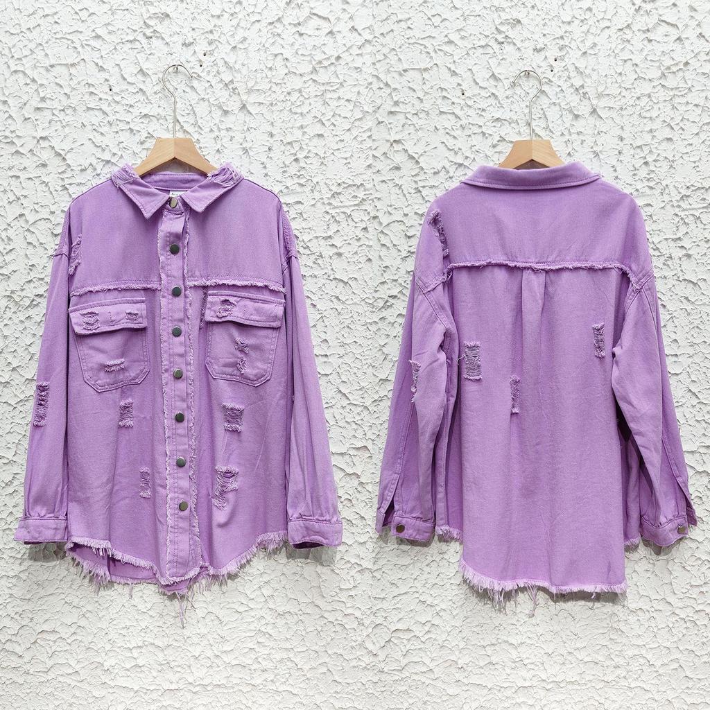 Ny 2023 Dame Høst/Vinter Denim Cardigan - Ensfarget, Enkeltradet Skjortejakke med Nedslått Krage