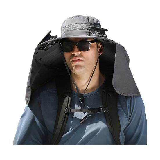 Bucket Hat Lightweight Breathable Water-Repellent Fabric Hiking Hat Adjustable Chin Cord Foldable Neck Guard Sun Hat with 2 Fans