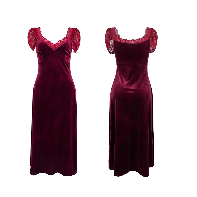 Camisola de Veludo com Renda de Manga Curta Preto/Vinho Tinto Decote em V Midi Roupa de Casa 977 (Pode Ser Usado ao Ar Livre) Pijama Versátil e Chique Adequado para Saídas