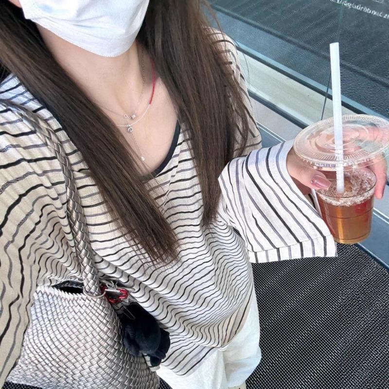 Contrast Striped Long-sleeved T-shirt for Women Summer Thin Blouse Loose Lazy Relaxed and Temperamental Top