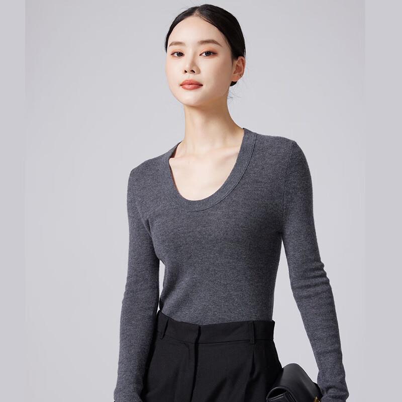 Fengxun Women's 100% Pure Wool Slim Fit Long Sleeve U-Neck Sweater
