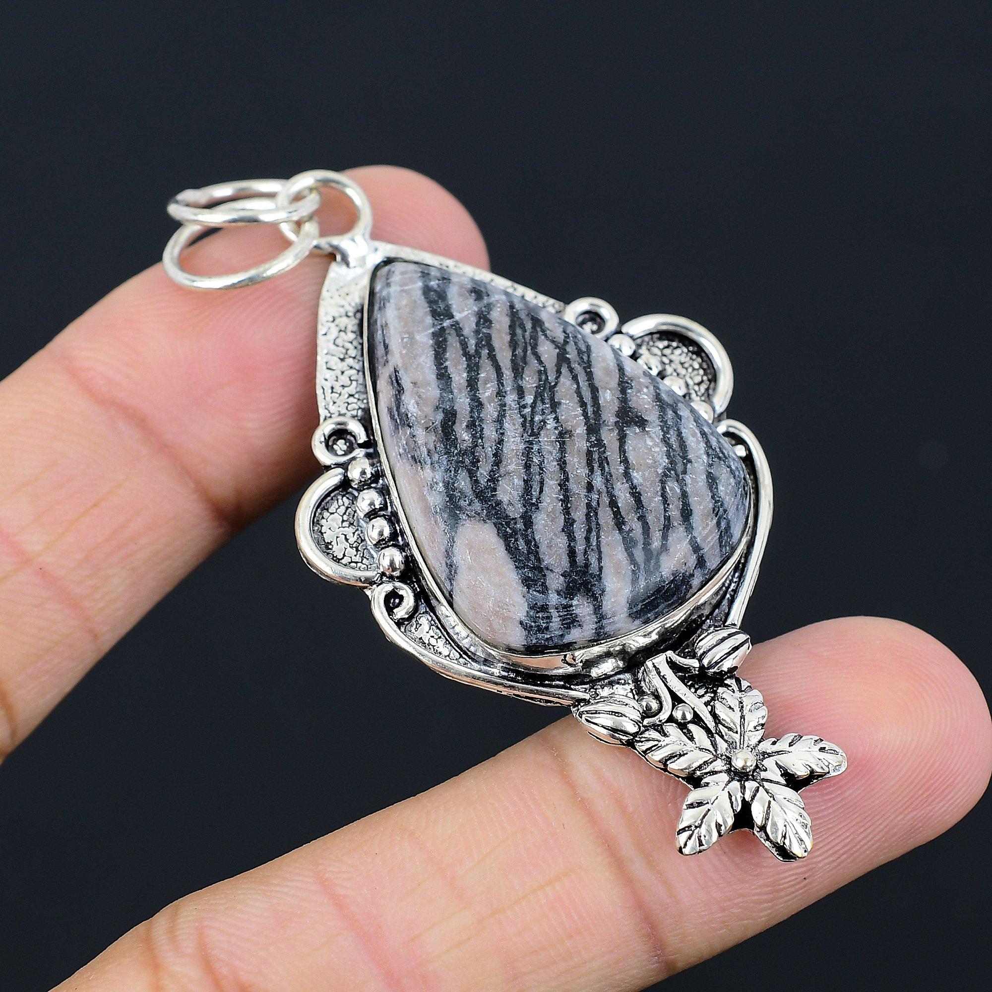 Natural Spider Web Jasper Gemstone Pendant Flower 925 Sterling Silver For Girls