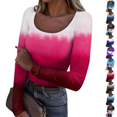 Women's Autumn And Winter Slim Fit Base T-shirt Fashionable Casual Gradient Regular Print U-neck Pullover Long Sleeved Top