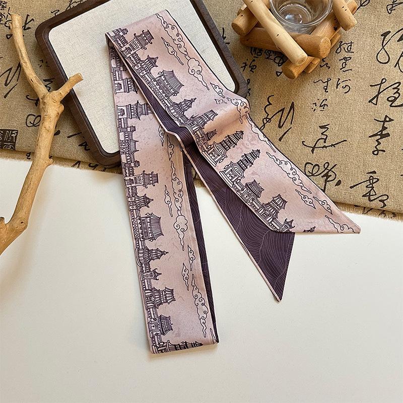 Long streamer bow tied hair retro Dunhuang oil painting silk scarf headband women tied headscarf