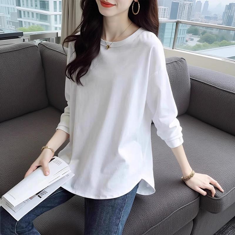 Spring and Autumn New Design Niche Base Shirt Curved Hem Top Pure Cotton Loose Long-sleeved T-shirt for Women