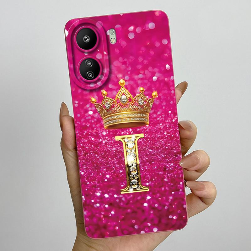 For Xiaomi Redmi 13C 4G Phone Case 13C Crown Initial Letter Silicone Soft Back Cover For Redmi 13C 13 C 4G Poco C65 Coque Capa