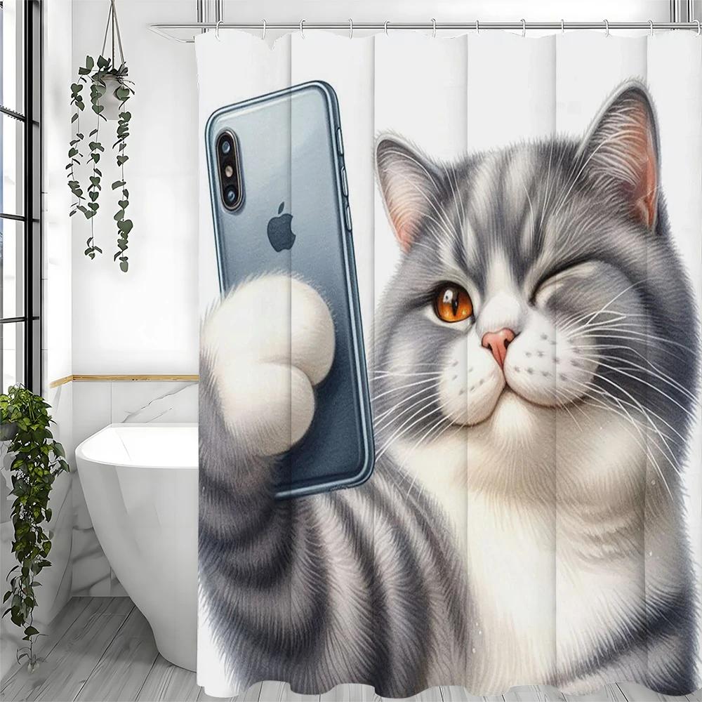 Funny cat cat with cell phone taking pictures shower curtain, bathroom decorative shower curtain, waterproof shower curtain with W90xH180cm