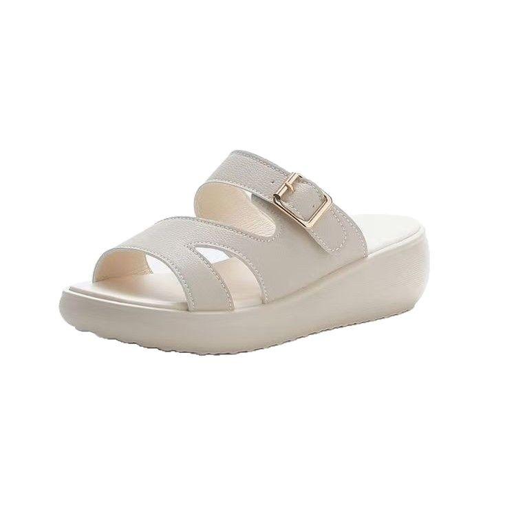 2025 summer new slippers women's summer outer wear wedge heel mother shoes platform comfortable women's shoes soft leather soft sole sandals women