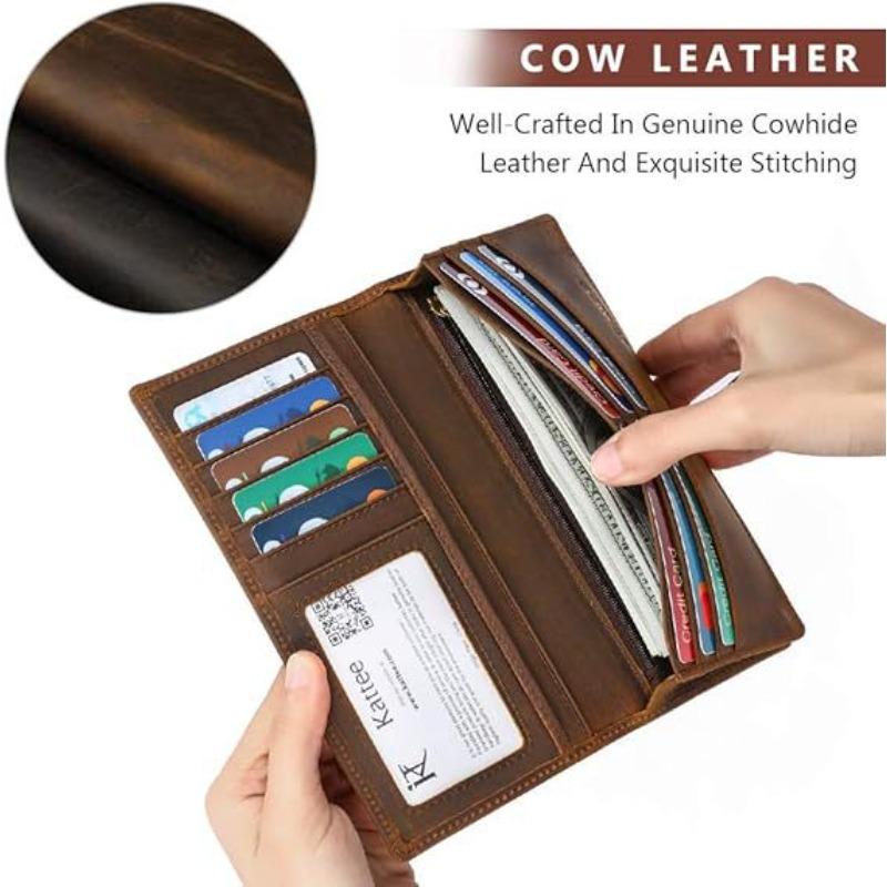 Crazy Horse Leather Men's Long Wallet, Two Fold Genuine Leather, Pure Top Layer Cowhide Wallet, Retro Wallet