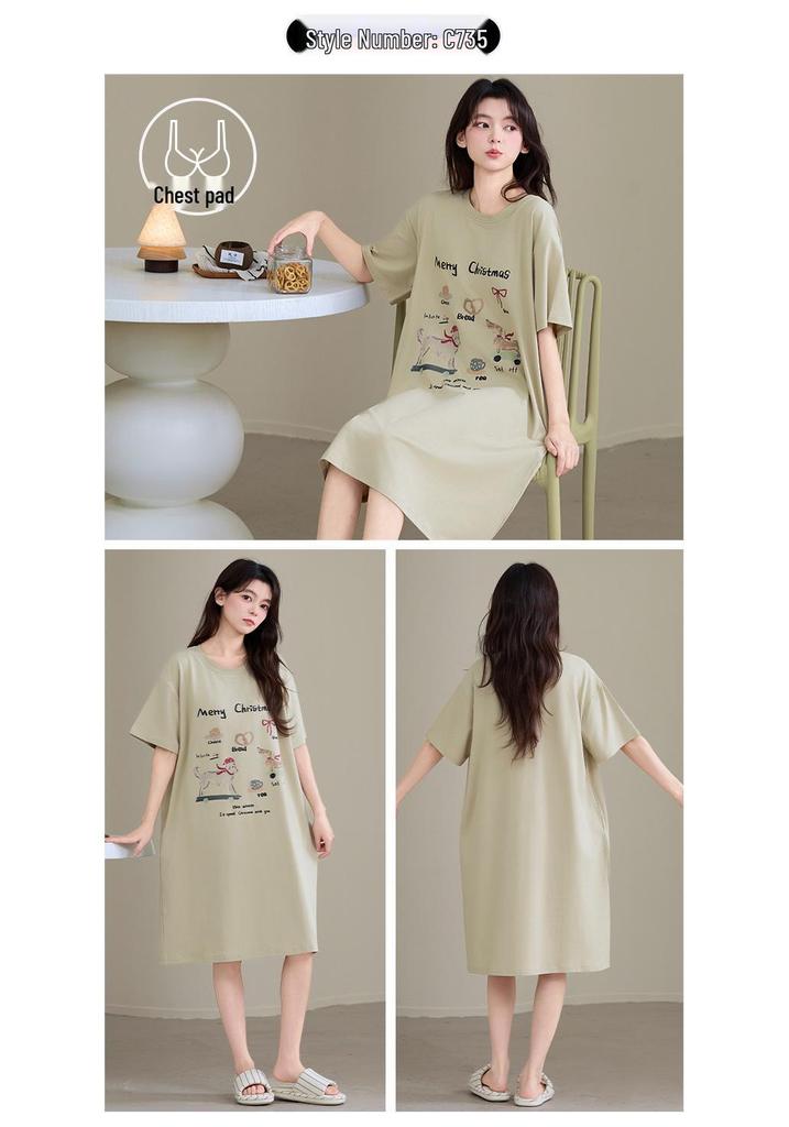 Antibacterial Xinjiang Cotton Nightgown: Women's A-grade Pure Cotton, Chest Pads, Summer Plus Size, Cute Homewear Dress