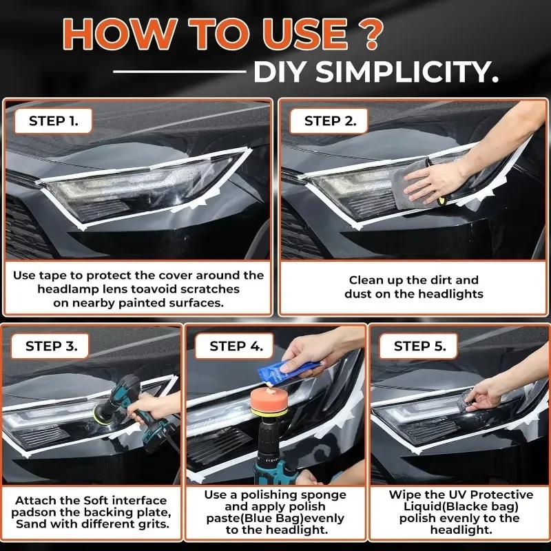 Car Headlight Restoration Kit - Fix Yellowing & Scratches, Polisher & Brightener