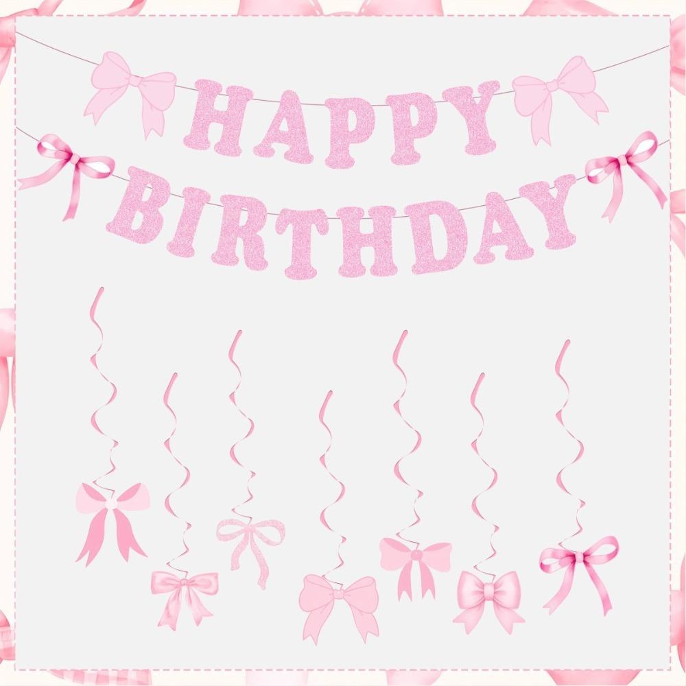 Bow Theme Happy Birthday Banner Paper Scene Decoration Hanging Garland Spiral Bow Pattern Pink Black Blue Backdrop Decor